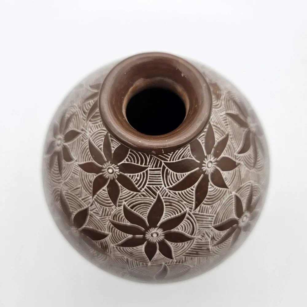 Handmade Etched Carved Floral Geometric Studio Pottery Vase Brown White Boho 8
